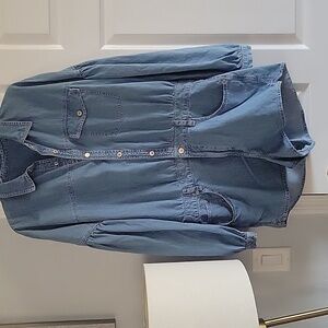 We The Free Zodiac Size L Denim Chambray Shorts Romper Moon Blue Snap Down Sz L